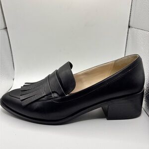Cole Haan Black Leather Loafers with Fringe Detail and Block Heel